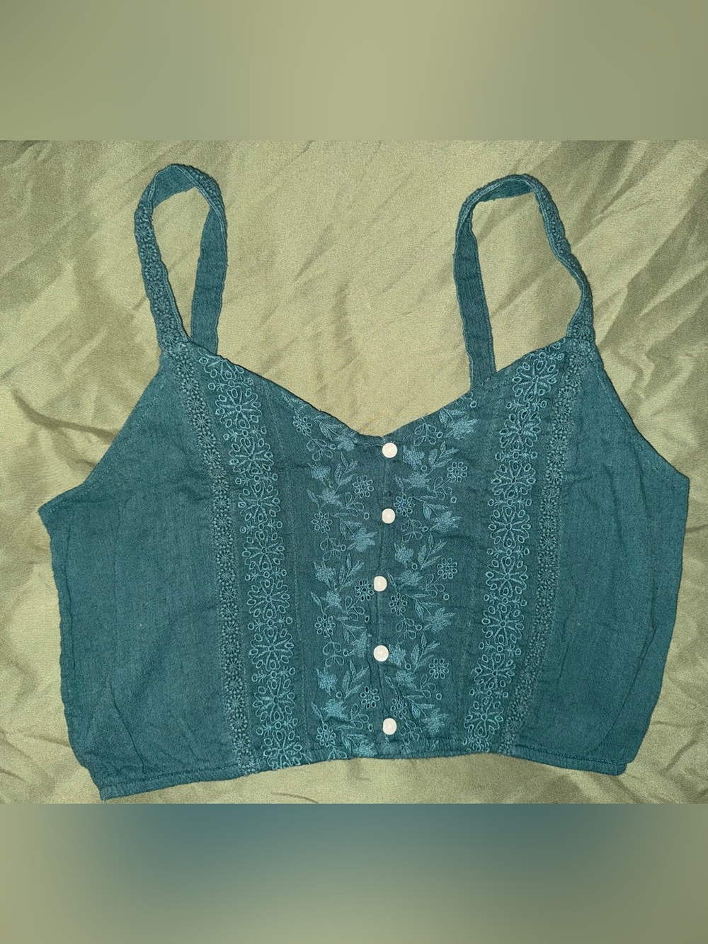 American Eagle Teal Embroidered Button-Front Crop Top